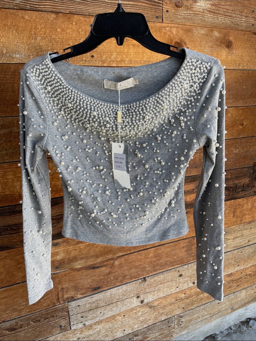 Pearl-Embellished Grey Crop Top - Long Sleeve